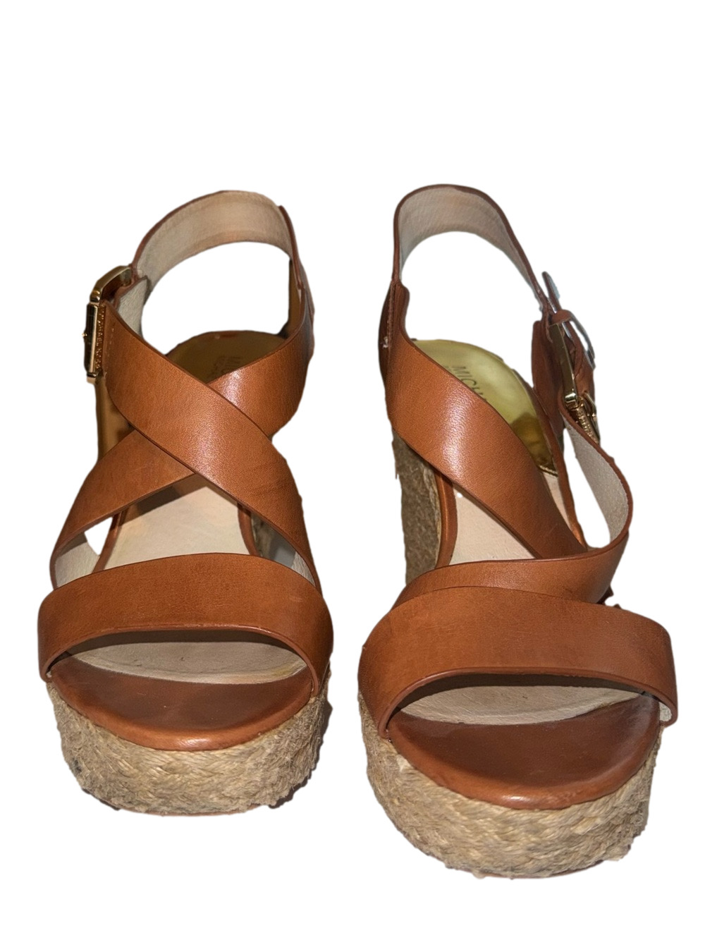 MICHAEL Michael Kors Giovanna Brown Leather Espadrille Wedges Crisscross Size 9